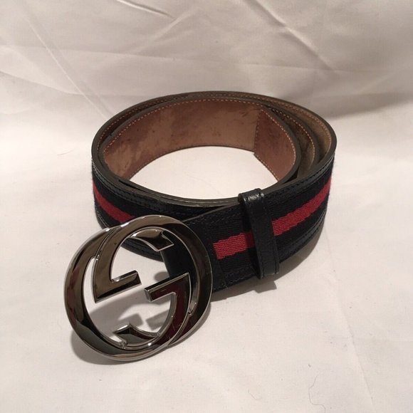 SIGNATURE GOLDTONE DOUBLE G GUCCI BELT BUCKLE WITH NAVY RED SIG BELT - Picture 1 of 4